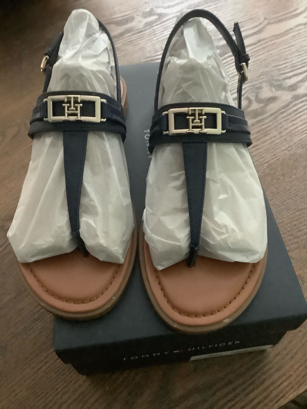 Tommy Hilfiger Dark Blue & Tan Logo T-Strap Sandals